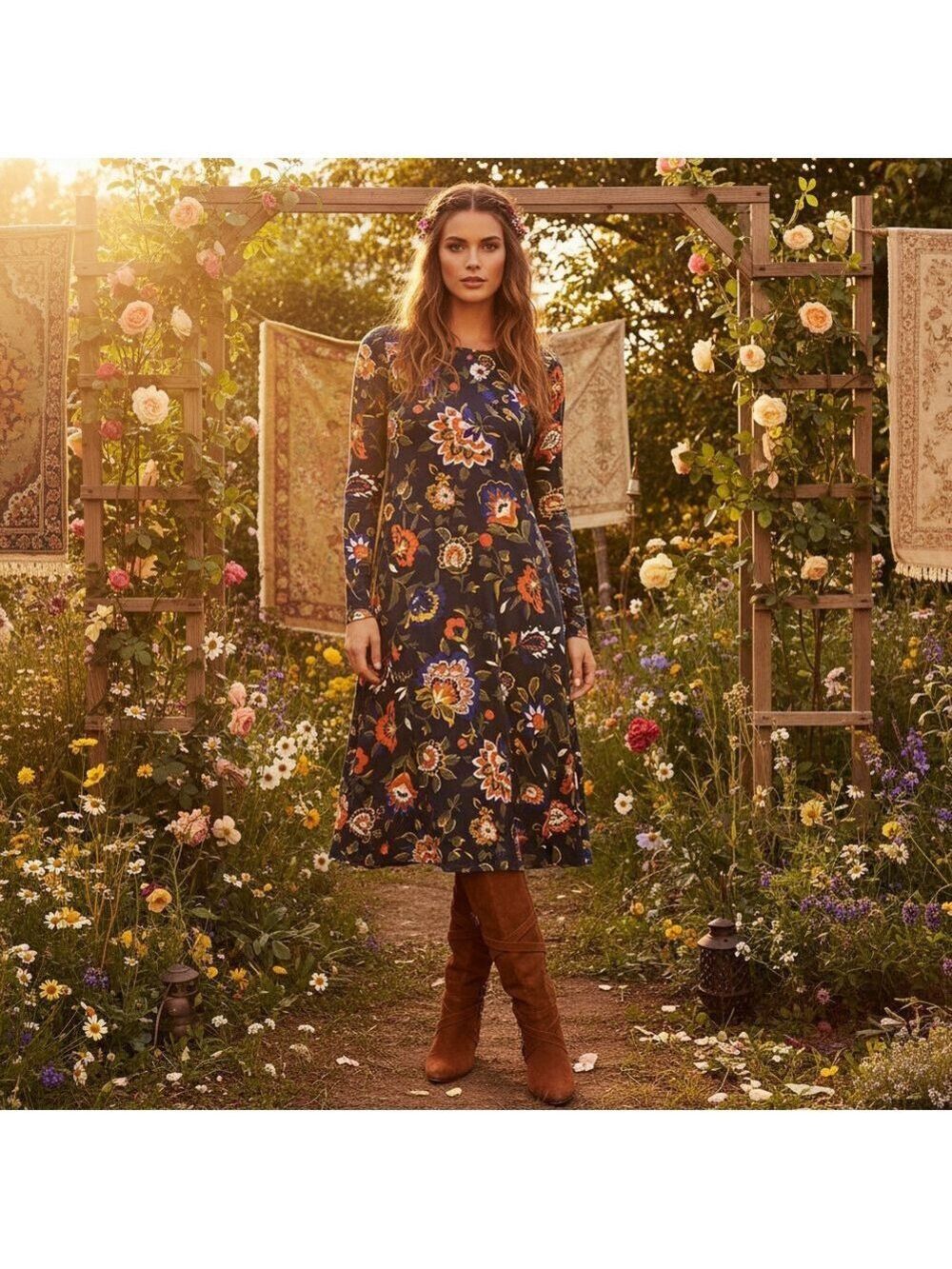Old Navy Long Sleeve Floral Dress in Navy and Orange, Size L